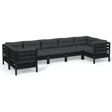 vidaXL 7-delige Loungeset met kussens grenenhout zwart