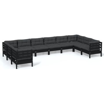 vidaXL 10-delige Loungeset met kussens grenenhout zwart