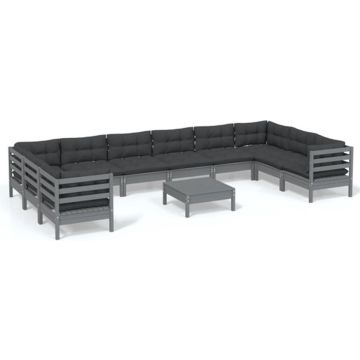 vidaXL 11-delige Loungeset met kussens grenenhout grijs