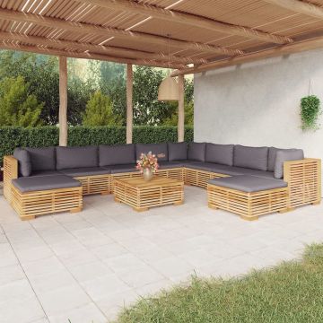 vidaXL 11-delige Loungeset met kussens massief teakhout