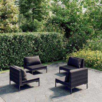 vidaXL 4-delige Loungeset met kussens poly rattan donkergrijs