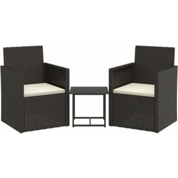 vidaXL 3-delige Loungeset met kussens poly rattan zwart