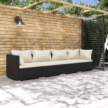 vidaXL 4-delige Loungeset met kussens poly rattan zwart