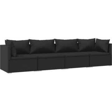 vidaXL 4-delige Loungeset met kussens poly rattan zwart