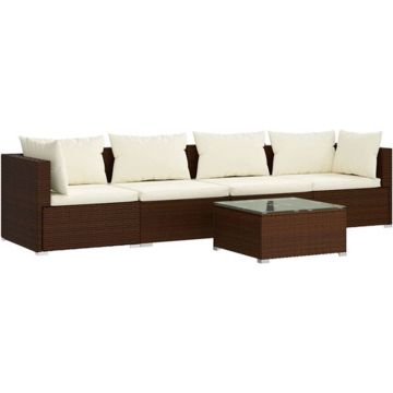 vidaXL 5-delige Loungeset met kussens poly rattan bruin