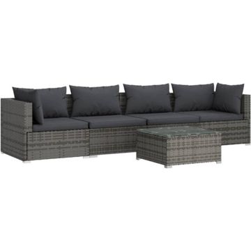 vidaXL 5-delige Loungeset met kussens poly rattan grijs