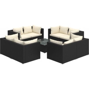 vidaXL 9-delige Loungeset met kussens poly rattan zwart