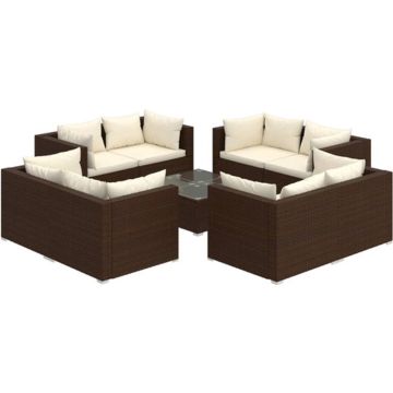 vidaXL 9-delige Loungeset met kussens poly rattan bruin