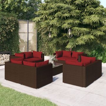 vidaXL 9-delige Loungeset met kussens poly rattan bruin