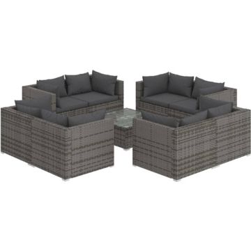 vidaXL 9-delige Loungeset met kussens poly rattan grijs