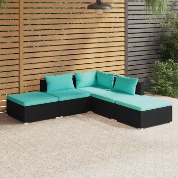 vidaXL 5-delige Loungeset met kussens poly rattan zwart