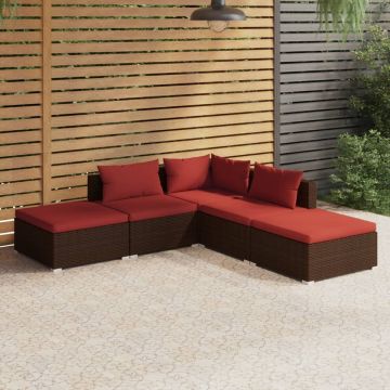 vidaXL 5-delige Loungeset met kussens poly rattan bruin