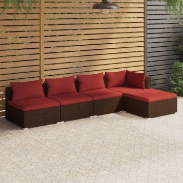 vidaXL 5-delige Loungeset met kussens poly rattan bruin