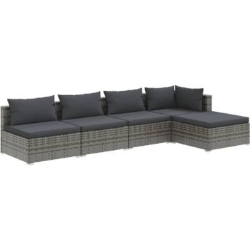 vidaXL 5-delige Loungeset met kussens poly rattan grijs