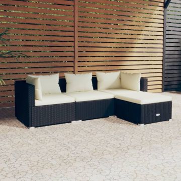 vidaXL 4-delige Loungeset met kussens poly rattan zwart