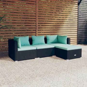 vidaXL 4-delige Loungeset met kussens poly rattan zwart