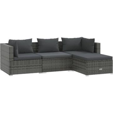 vidaXL 4-delige Loungeset met kussens poly rattan grijs