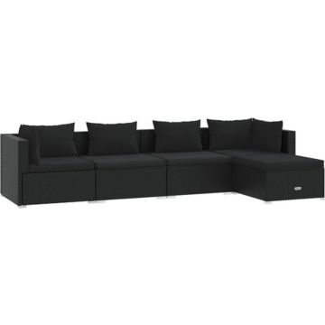 vidaXL 5-delige Loungeset met kussens poly rattan zwart