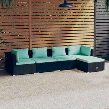 vidaXL 5-delige Loungeset met kussens poly rattan zwart