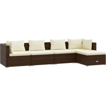 vidaXL 5-delige Loungeset met kussens poly rattan bruin