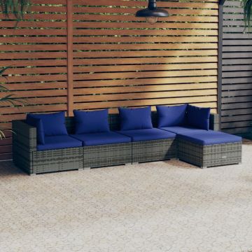 vidaXL 5-delige Loungeset met kussens poly rattan grijs