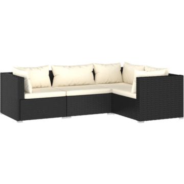 vidaXL 4-delige Loungeset met kussens poly rattan zwart