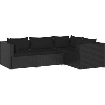 vidaXL 4-delige Loungeset met kussens poly rattan zwart