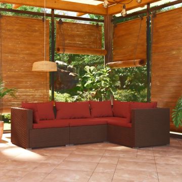 vidaXL 4-delige Loungeset met kussens poly rattan bruin