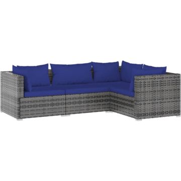 vidaXL 4-delige Loungeset met kussens poly rattan grijs