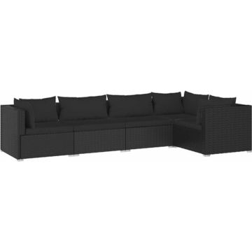 vidaXL 5-delige Loungeset met kussens poly rattan zwart