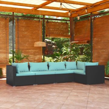 vidaXL 5-delige Loungeset met kussens poly rattan zwart