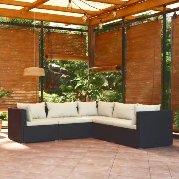 vidaXL 5-delige Loungeset met kussens poly rattan zwart