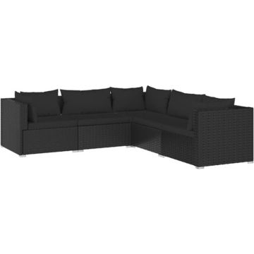 vidaXL 5-delige Loungeset met kussens poly rattan zwart