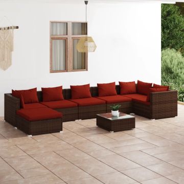 vidaXL 8-delige Loungeset met kussens poly rattan bruin