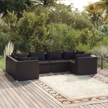 vidaXL 6-delige Loungeset met kussens poly rattan zwart