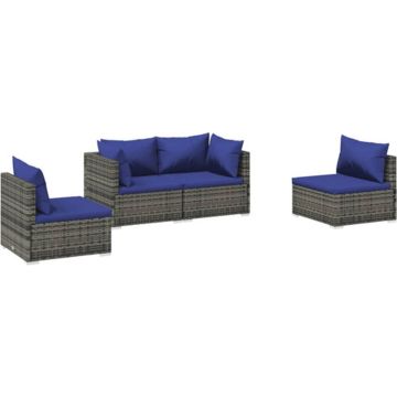 vidaXL 4-delige Loungeset met kussens poly rattan grijs