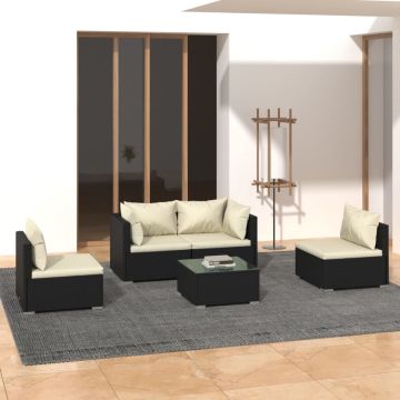 vidaXL 5-delige Loungeset met kussens poly rattan zwart