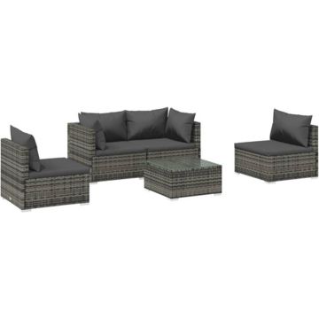 vidaXL 5-delige Loungeset met kussens poly rattan grijs