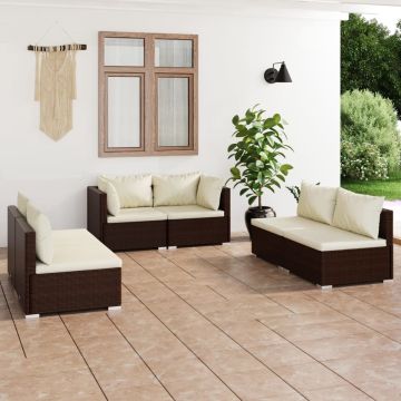 vidaXL 6-delige Loungeset met kussens poly rattan bruin