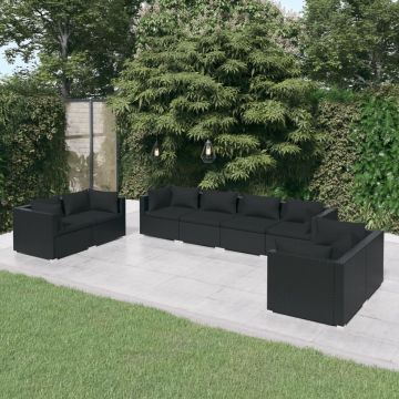 vidaXL 8-delige Loungeset met kussens poly rattan zwart