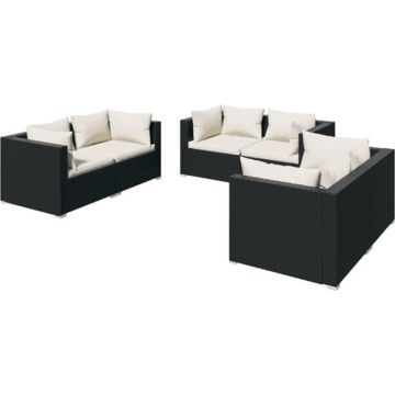 vidaXL 6-delige Loungeset met kussens poly rattan zwart