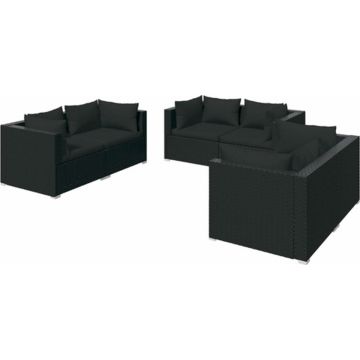 vidaXL 6-delige Loungeset met kussens poly rattan zwart