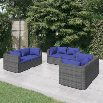 vidaXL 6-delige Loungeset met kussens poly rattan grijs