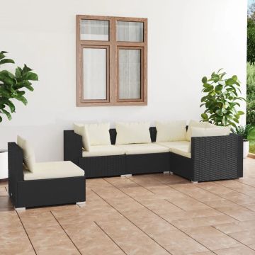 vidaXL 5-delige Loungeset met kussens poly rattan zwart