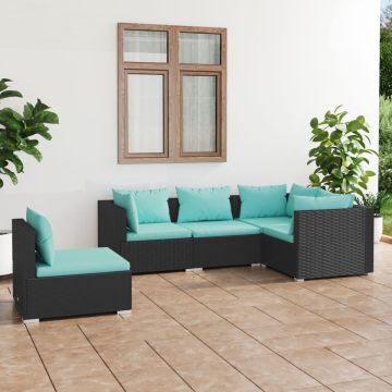 vidaXL 5-delige Loungeset met kussens poly rattan zwart