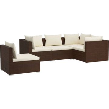 vidaXL 5-delige Loungeset met kussens poly rattan bruin