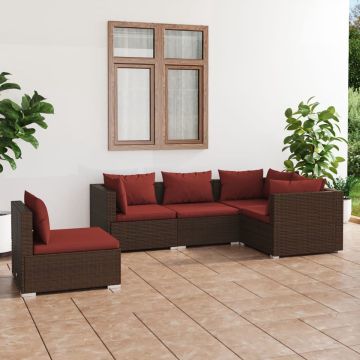 vidaXL 5-delige Loungeset met kussens poly rattan bruin