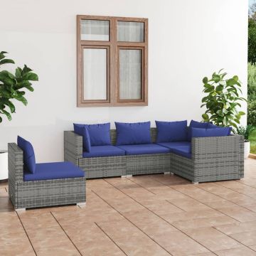 vidaXL 5-delige Loungeset met kussens poly rattan grijs