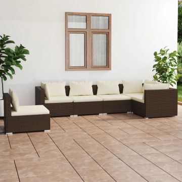 vidaXL 6-delige Loungeset met kussens poly rattan bruin