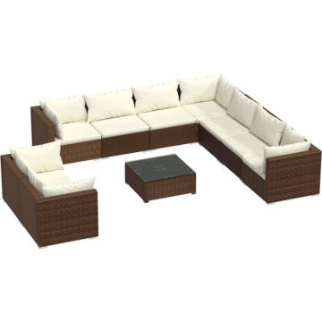 vidaXL 10-delige Loungeset met kussens poly rattan bruin